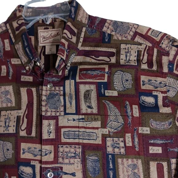 Woolrich Original Outdoor Vintage Shirt XL Red All Over Fish & Tackle Cotton - Picture 3 of 13